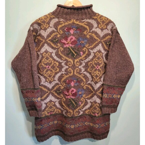Vtg Express Tricot Wool Blend Mock Neck Tunic Sweater Brown Floral Sz M - Picture 1 of 7